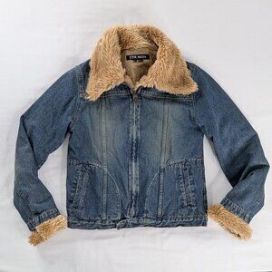 VTG Blue Denim Tan Faux Fur Trim Bleached Denim Trucker Jacket Y2k